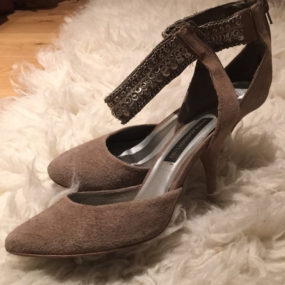 Taupe suede heels with beaded ankle band